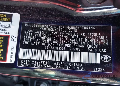 2016 Toyota Camry Se из США, поврежденный, VIN 4T1BF1FK0GU178785